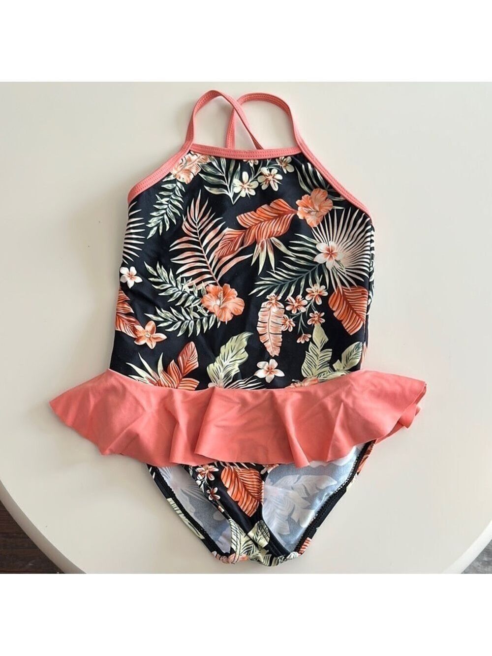 Tropical Floral Peplum Style Ruffle One Piece Toddler Girl Swimsuit